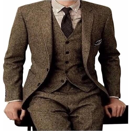 Latest Coat Pant Designs Brown Tweed Formal Custom Men Suits Winter 3 Pieces Slim Fit Tuxedo Masculino Jacket+Vest+Pants