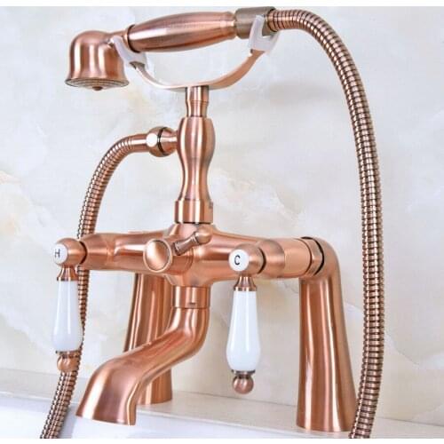 Deck Mount Claw-foot Bathtub Faucet Tub Filler Handheld Shower Antique Red Copper Brass Dual Ceramic Handles ana173