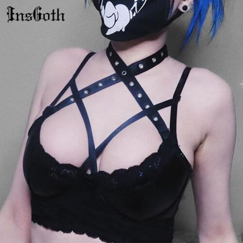 InsGoth Punk Goth Bandage Black Camis Streetwear Sexy Hollow Out Lace Trim Crop Tops Grunge Gothic Style Backless Camisoles