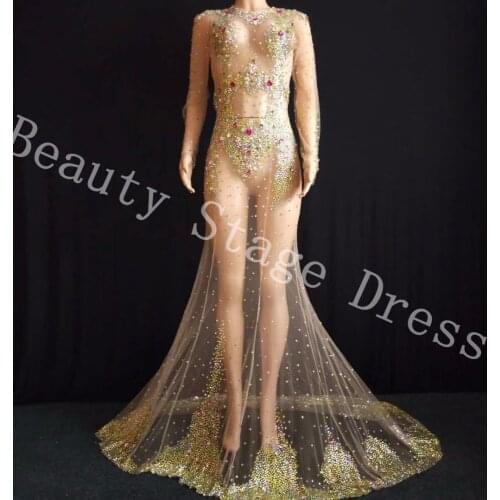 Multi-color Crystals Respective Long Train Dress Super luxurious Big Tail Dress Evening Costume Wedding Celebrate Dress