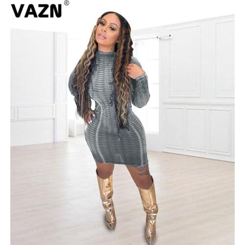 VAZN 2020 Hot Popular Suede Dress Young Sexy Sweet Solid Designer Turtleneck Full Sleeve Women High Waist Thin Mini Dress