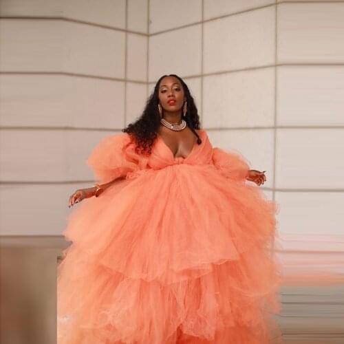 Puffy Orange Tulle Maternity Robes Women Sheer Long Maxi Photoshoot Fluffy Tiered Tulle Robe Formal Event Overlay Dress