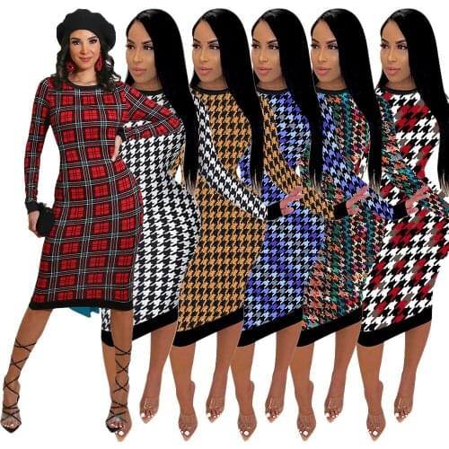 Houndstooth Print Vintage Slim Fit Midi Dress Women Sexy O Neck Long Sleeve Package Hip Dress Korean Style Club Party Robe Femme