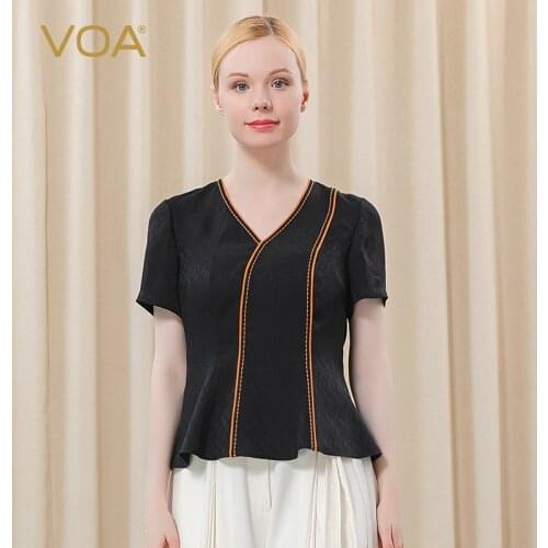 VOA Silk Jacquard V-Neck Black Tops Woman Clothes 2021 BE311 Short Sleeve Tee Shirt Bright Line Decoration Womens T-shirt
