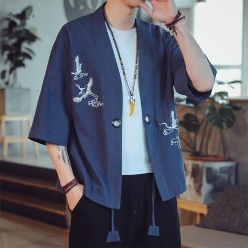 Japanese Kimono Samurai Crane Costume Men Harajuku Style Japan Haori Women Cardigan Chinese Asian Traditional Print Yukata Coat