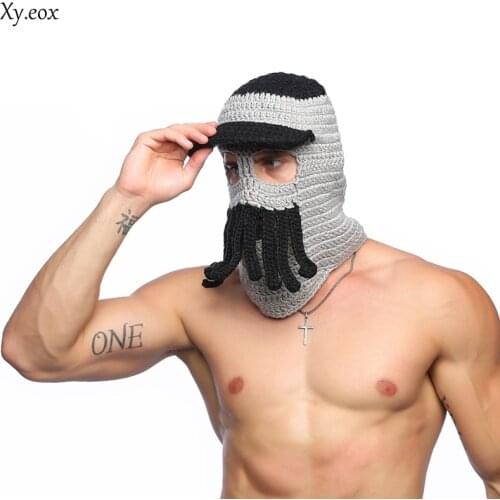 Funny Tentacle Octopus Hat Crochet Full-Headmask Beard Beanie Knit Wind Mask Cap Thicken Balaclavacap Outdoor Wool Cap