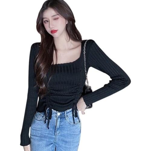 Liva Girl Womens t-Shirts Korean Solid Color Tshirt Square Neck Drawstring Slim Sexy Navel Knit Top Camiseta Vetements Femmes