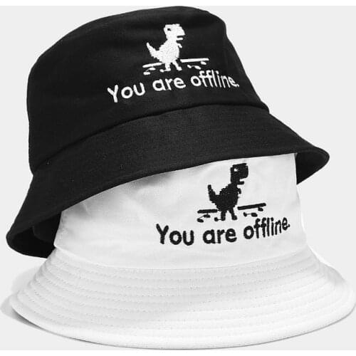 2020 OFFLINE Embroidery Bucket Hat Women Cotton Fashion Dinosaur Sun Cap Girls Reversible Bob Sun Femme Hip-Hop Panama Hat