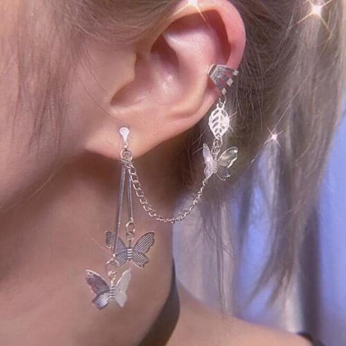 Cuff Earrings Gifts for Women Butterfly Punk Jewelry Ear Cilp Alloy Party Hip Hop Gothic Ins Accessories Chains Dangle