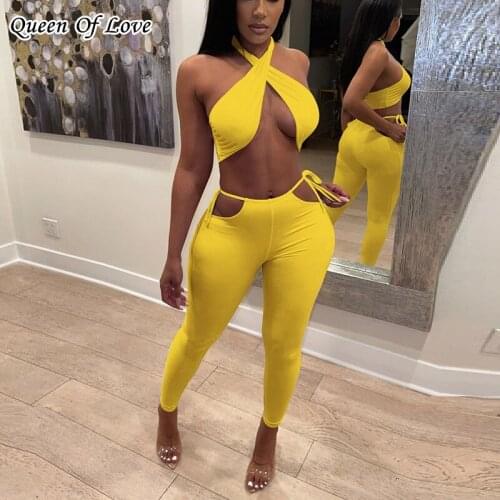 Sexy 2 Piece Sets Womens Vacation Outfits 2021 Summer Halter Crop Top Hollow Out High Waist Pant Suits Club Wear Matching Sets