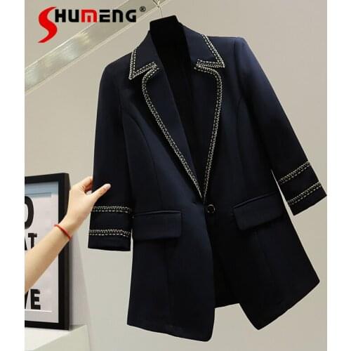 2021 Summer Women Korean Style Slimming Coats Fashion Gold Silk Stitching 3/4 Sleeve Suit Ladies Fashion Office Lady Jackets