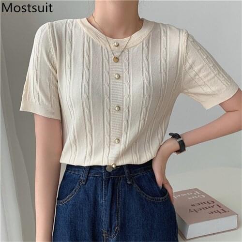 Twisted Knitted Single Breasted Pullover Tops Women Summer Short Sleeve O-neck Solid Slim Sweater Korean Basic Fashion Jumpers