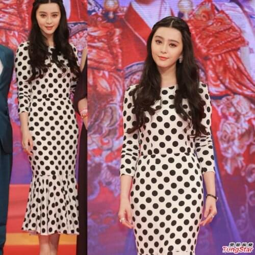 Women Plus Size 3XS-10XL Celebrity Runway High Waist Bodycon Long Sleeve Polka Dot Print Chiffon Mermaid Fishtail Autumn Dress