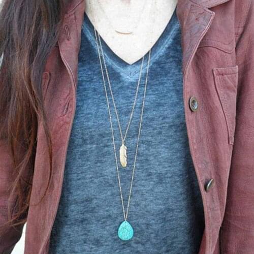 1PC Simple Layered Necklace of 3 Drops Blue stone Feather Necklaces Women Clavicle necklace