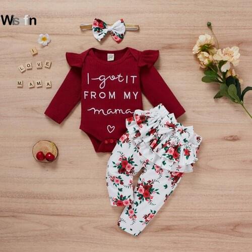 0-18M Newborn Infant Baby Girls Clothes 3pcs Sleeve Letter Print Romper Tops+High Waist Ruffles Long Pant +Headband Outfits D30