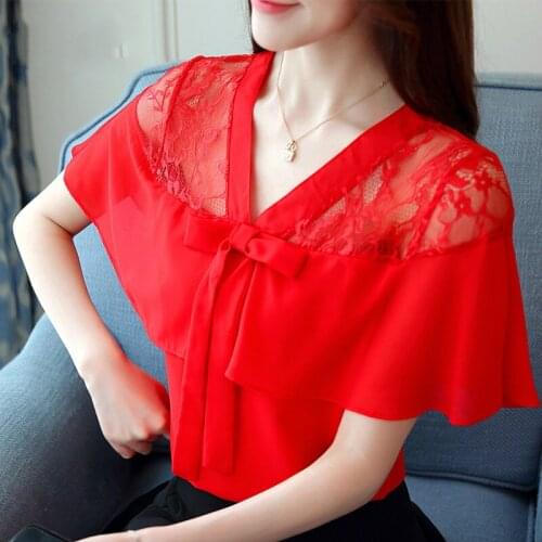 Camisa de manga curta chiffon blusa mulheres sexy oco rendas camisa roupas femininas blusas