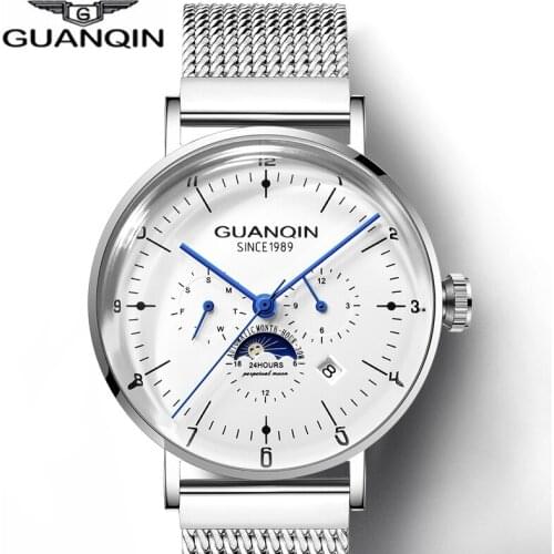 Automatic Self-Wind Mechanical Watch Silver Fashion Stainless Steel Mesh Strap Men Moon Phase Watches Luxury Male Wristwatch