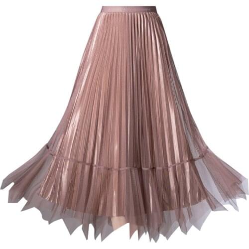 Double Side Wearing Irregular Skirt 2021Fashion Women Ruffles Mesh Pleated Long Skirt Elastic High Waist hawii Chic Brown Skirt
