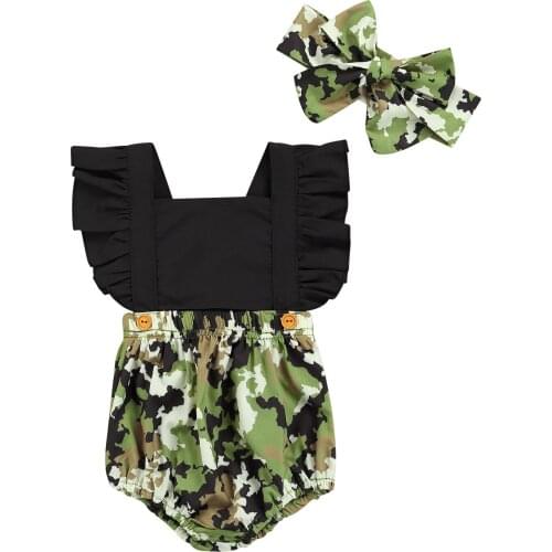 2021 0-18M Infant Baby Girl Playsuit Summer New Ruffle Short Sleeve Hollow Camouflage Print One Piece Romper