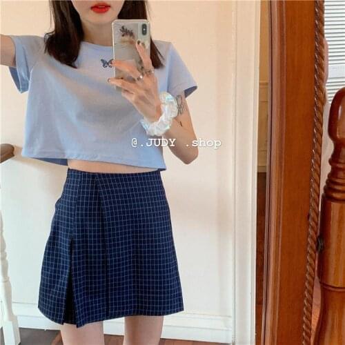Girls Two-piece Set] Short Embroidered T-shirt + College Style Short Skirt High-waist Fine Check Pleated Skirt Two-piece Set