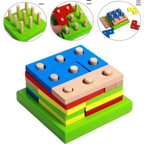 Colorful Wooden Sorting Puzzles Board Geometric Shape Stacker Education Kids Toy