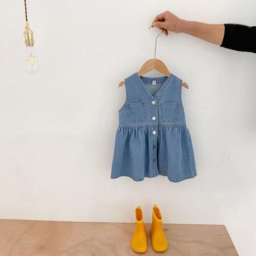 Toddler Girl Dresses Denim Overalls Single Breasted Jumper V Neck Sleeveless Mini Dress with Pocket Toddler Girl Spring Clothes