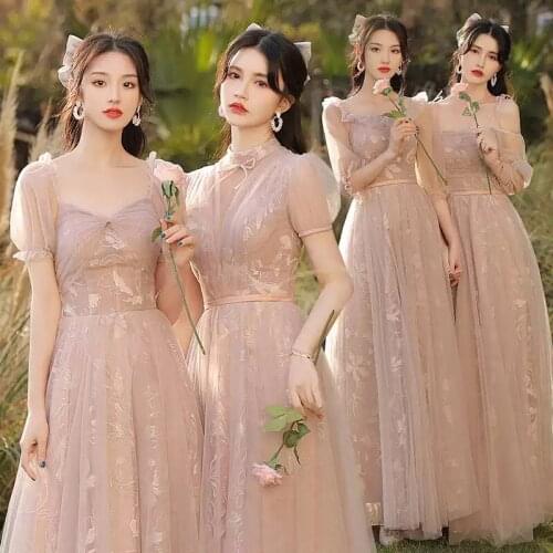 Bridesmaids Dresses Three Quarter Boat-Neck Embroidery A-Line Pleat Floor-Length Spaghetti Straps Women Wedding Party Gown E488