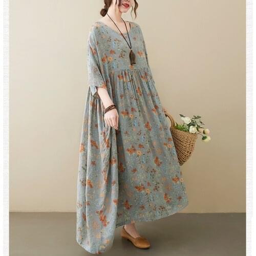4XL 5XL 6XL Printed Floral Dress For Women 2021 New Summer Fashion Short Sleeve Cotton Linen Long Dress Female Casual Boho Dress