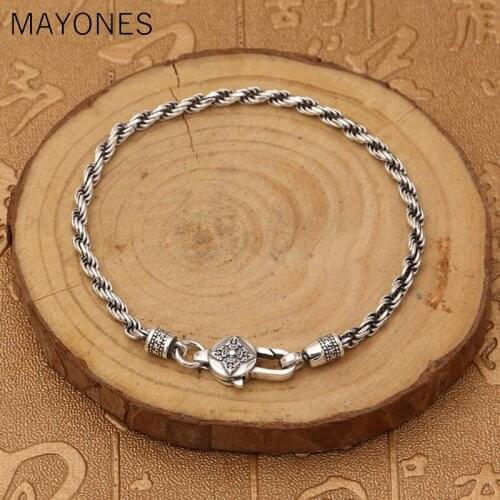 3mm width 925 Sterling Silver Braided Rope Chain Bracelets Tibetan Buddhism Mantra Six Words And Vajra Engraved Prayer Jewelry