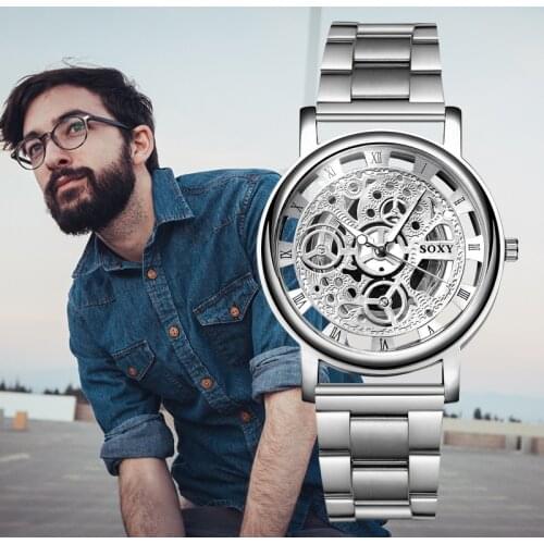 Luxury hollow mens mesh strap watch fashion stainless steel mechanical watch Korean fashion business mens watch