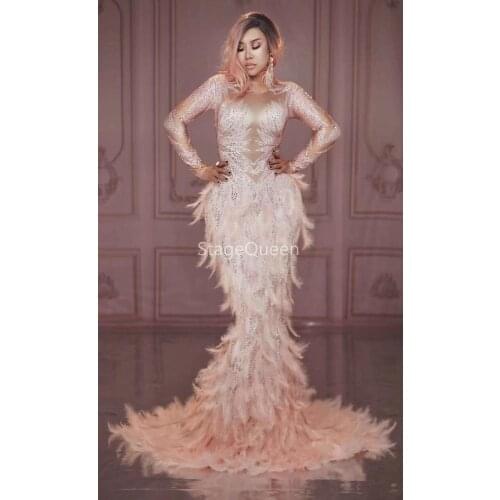 Pink Full Rhinestones Feather Long Dress Evening Party Wear Dresses Birthday Celebrate Costume Performance Dress Leotard Outfit