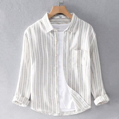 2020 Spring new plaid linen shirt men stand collar loose leisure shirts for men fashion long-sleeved brand shirt mens chemise