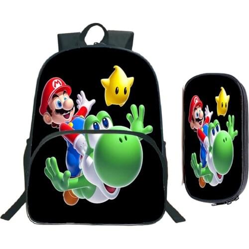 Hot High Quality Mario Bros Backpack 16inch School Bags Fashion Colourful Pattern Mochila Escolar 2pcs Sets