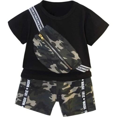 1-4Years Baby Short Sleeves + Shorts, Camouflage Pattern Printing Letter Stripe Stitching Casual Style Summer Clothing