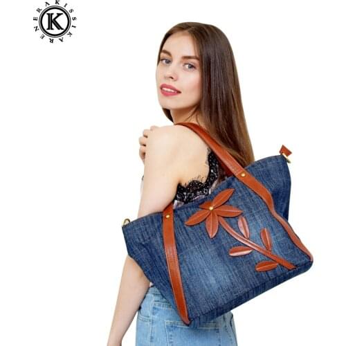 Vintage Flower Totes Denim-wash Blue Women Bags Jeans Womens Shoulder Bags Denim Womens Handbags Casual Fashion Tote Bag