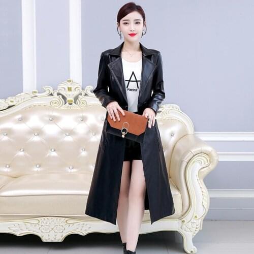 Women Black X-Long Faux Leather Jacket With Belt 2019 New Ladies Ventilation Washed PU Leather Trench Coats Female Windbreaker