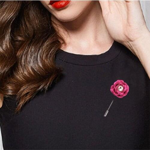 Women Tiny Shiny Sequins PU Leather Artificial Pearls Rhinestones Rose Camellia Flower Unisex Brooch Long Needle Lapel Pins Gift