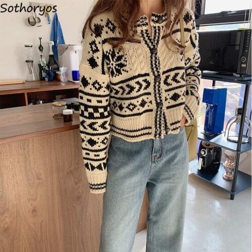 Argyle Women Cardigan Spliced O-neck Button Knitted Loose Preppy Style Fresh Trendy All-match Harajuku Lovely Ulzzang Casual Top