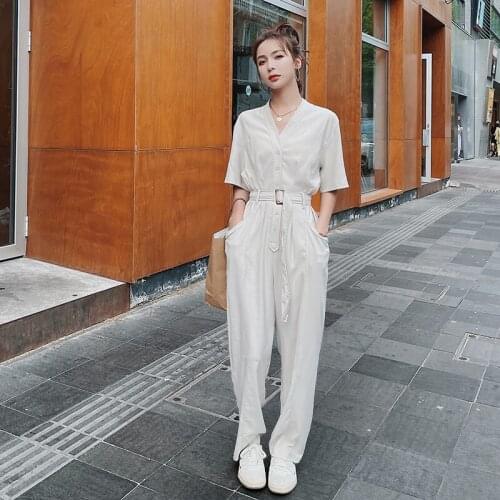 Off White Jumpsuit for Women 2021 Summer V-neck Short Sleeve Elegant Loose Casual Fashion Wide Leg Overalls One Piece Outfit