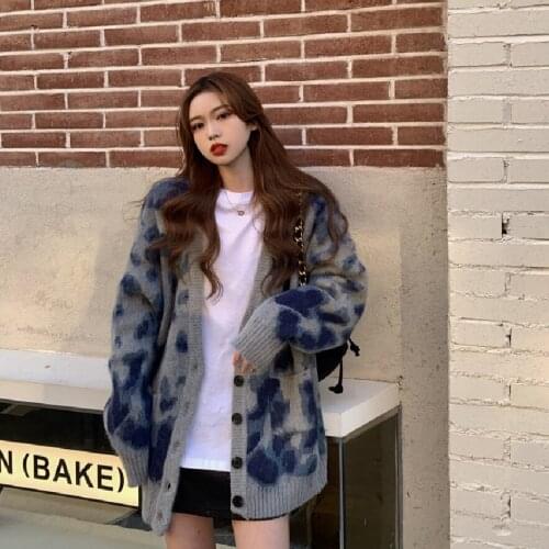 Leopard Print Cardigan Sweater Women 2021 Fall/Winter New Style Song Lazy Long Long Sleeve Retro Hong Kong Knitted Jacket