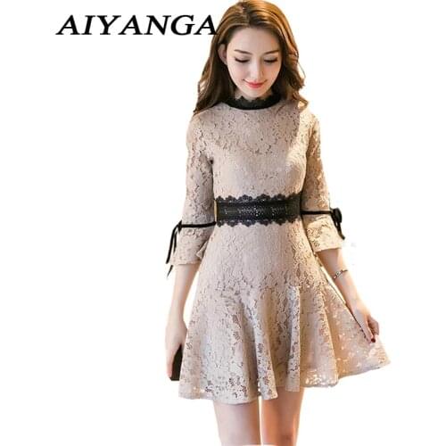 2020 Vintage Slim Waist Lace Dress Women Flare Sleeve Mini Summer Sexy Party Dresses Flare Sleeve Woman Lace Dress Vestidos