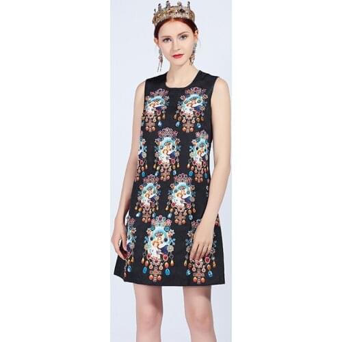 2020 Summer New Arrival Europe Fashion A-Line O-Neck Sleeveless Tank Diamonds Pattern Print Elegant Above Knee Dress Women