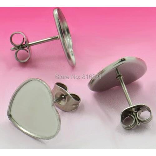12mm Blank Earrings Settings Heart Bezel tray Cameo Bases Stainless Steel stud Earrings post w/ Stopper Ear Nuts DIY Findings