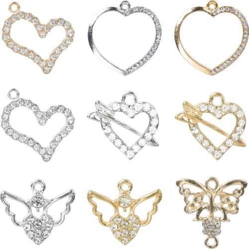 20Pcs Exquisite Hollow Crystal Heart Shaped Charms Making Angel Wings Pendant Handcraft Necklaces Bracelet Jewelry Wholesale