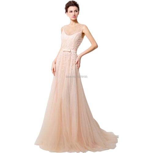2019 hot sale O-neck sleeveless natural A-line floor-length tulle sweep trailing dress/gown beading&belt&bow free shipping