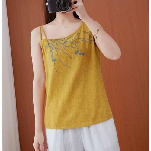 2021 Summer Cotton Linen Camis Tops Women Sleeveless Spaghetti Strap Casual Tank Tops Chinese Style Clothing Women 30761
