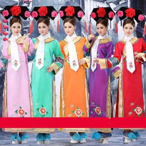 3 Pcs Hat+ Scarf Plus Size Qing Dynasty Costume Chinese Traditional Princess Dress with Hat Chinese Folk Dance Free Shipping