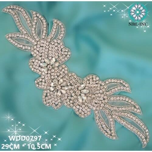 30PCS )Wholesale bridal hand beaded sewing crystal rhinestone neckline applique iron on for wedding dresses WDD0797