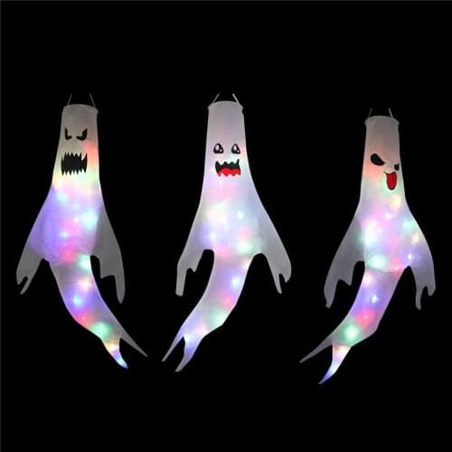 9 PCS Halloween Ghost Windsock Hanging Flag with LED Light Outdoor Garden Patio Lawn Front Yard Party Decoration Wholesale XB