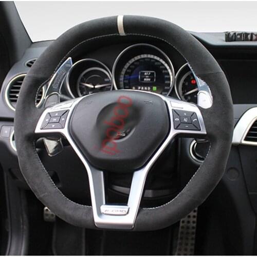 Top All Black Suede Leather Steering Wheel White Stitch on Wrap Cover Fit For Mercedes-Benz AMG GLA45 C63 AMG2015